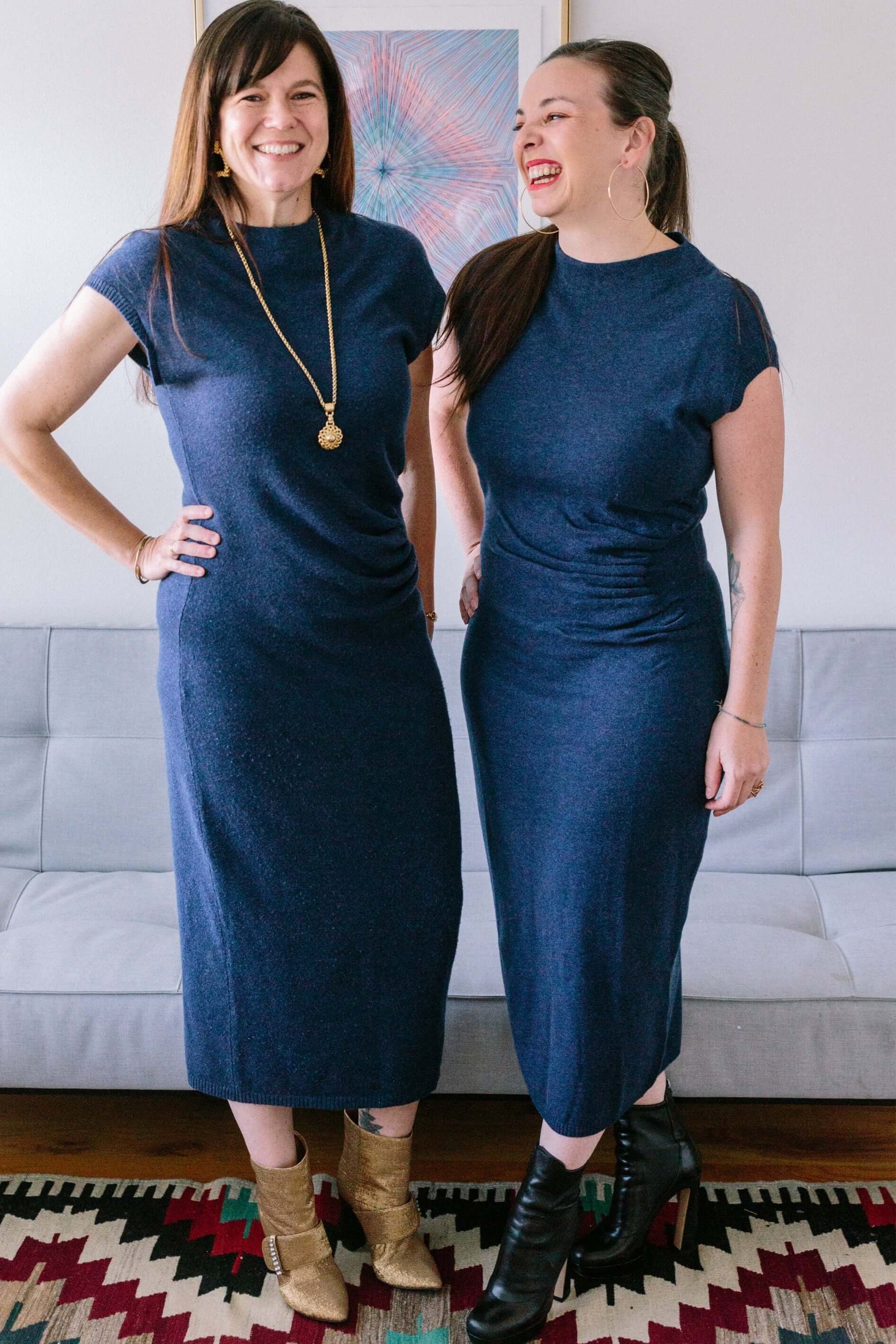 Woman wearing blue cap sleeve cashmere maxi dress