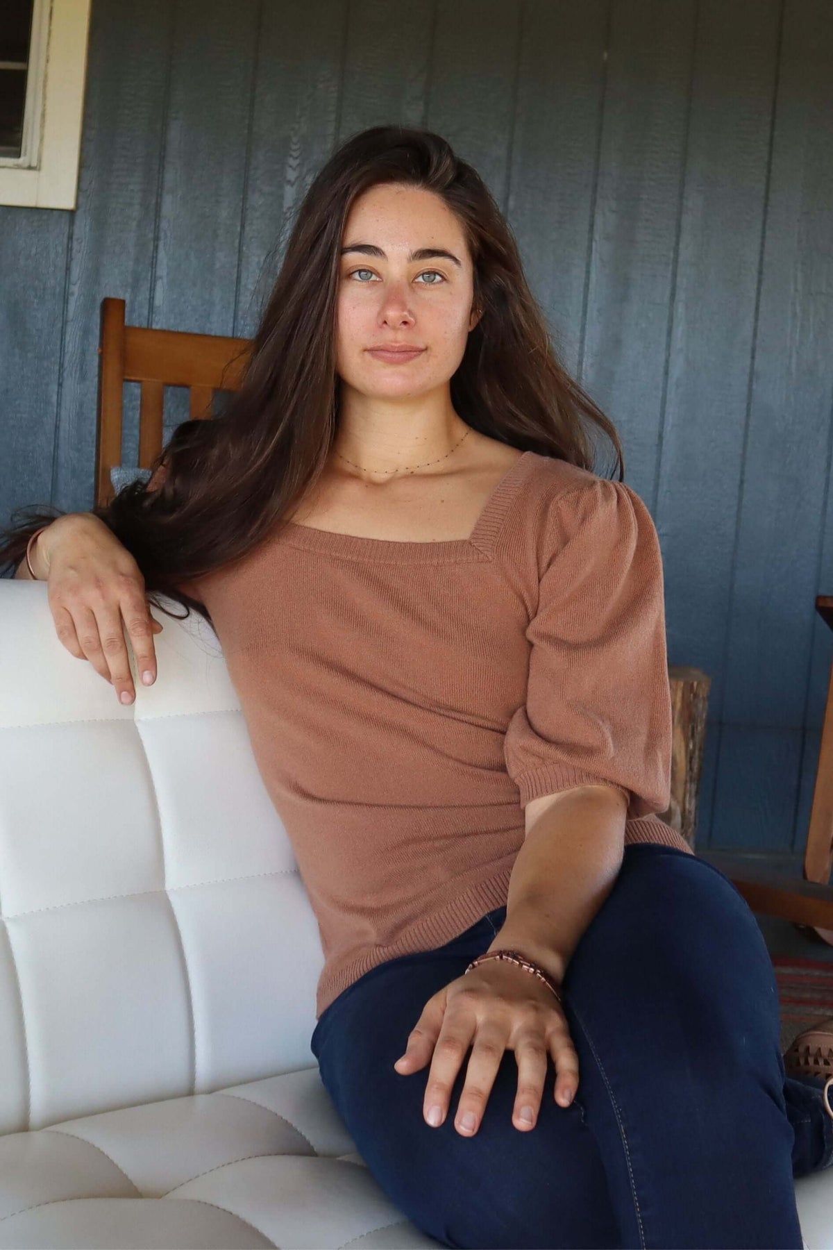 Woman wearing Brown Cashmere Sweater with Silk Bow and Short Sleeves