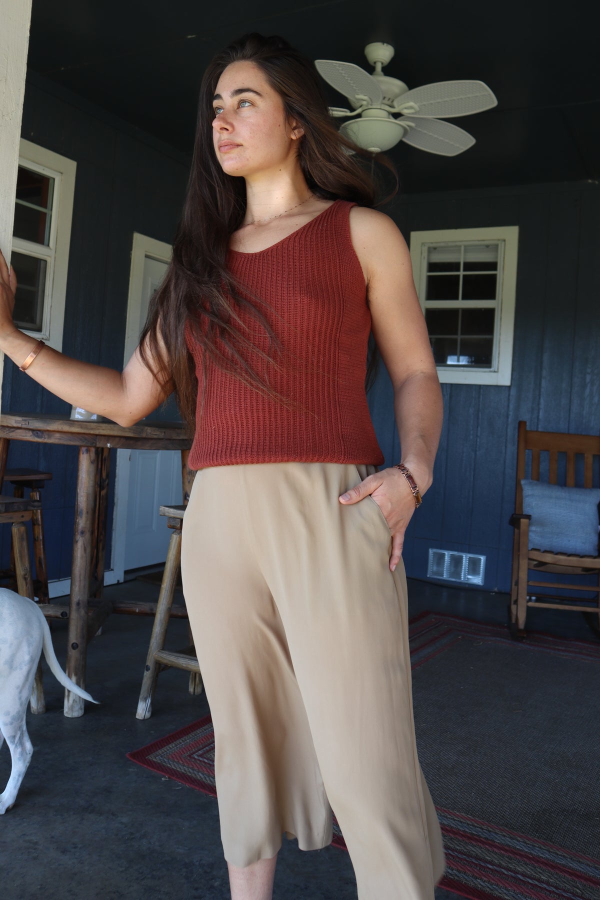 Woman's knit sweater tank made of organic cotton cashmere blend in rust cinnamon brown