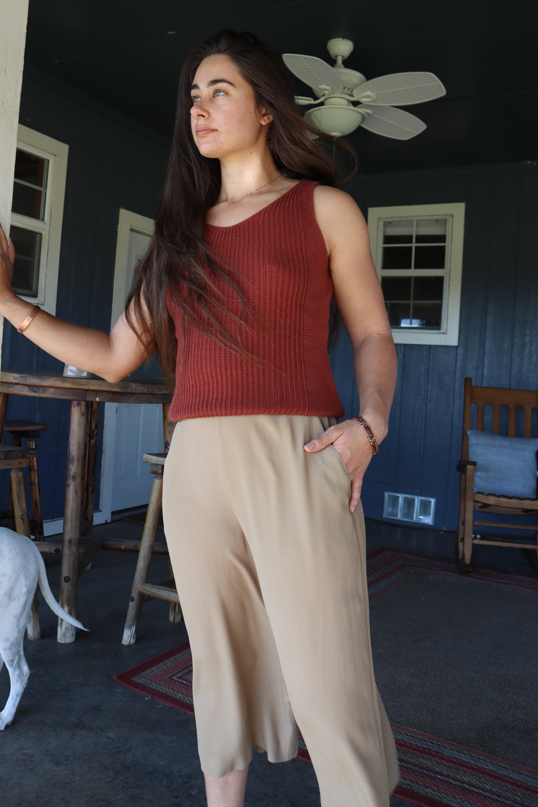 Woman's knit sweater tank made of organic cotton cashmere blend in rust cinnamon brown