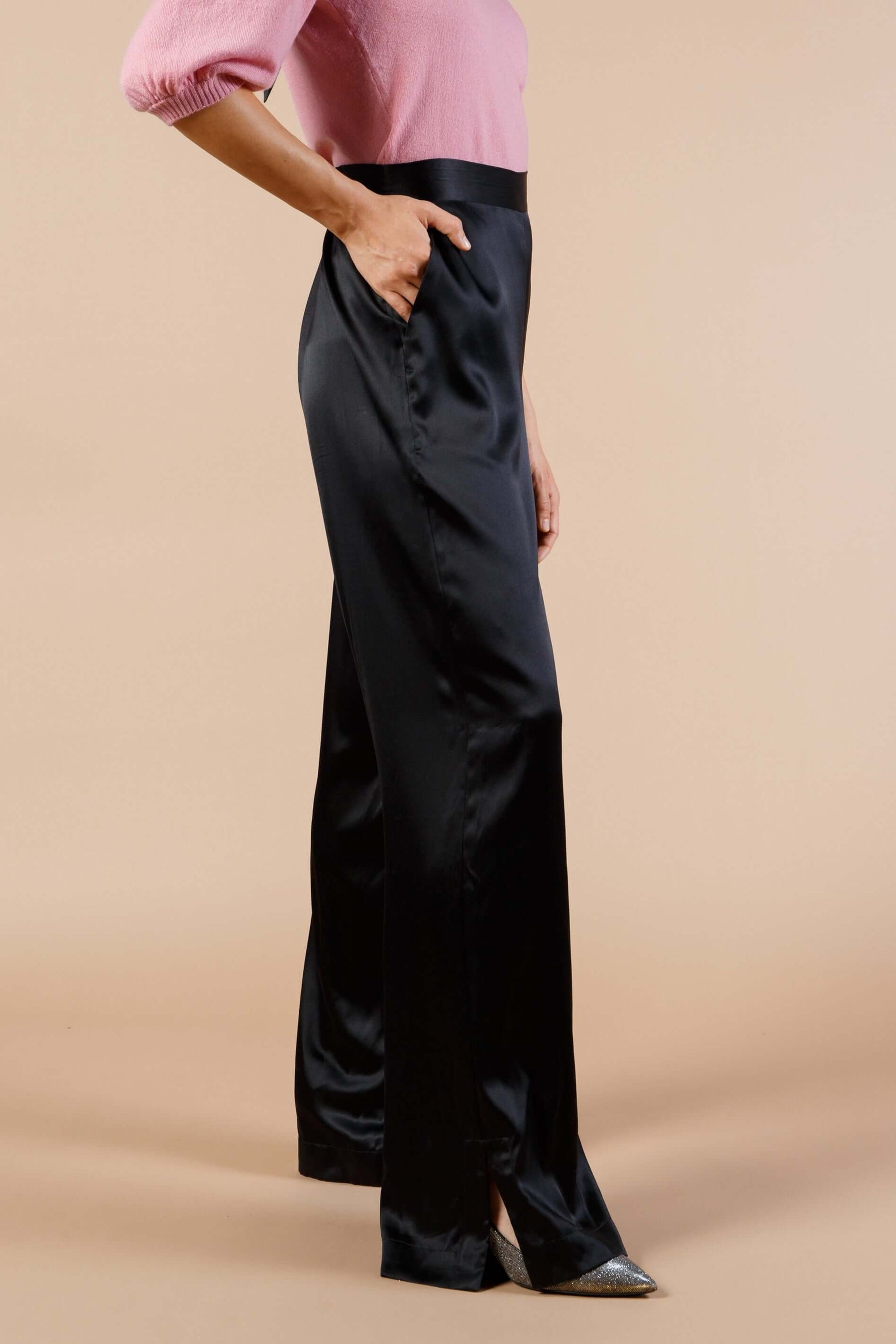 Washable Silk Charmeuse Pants Black High Waisted Slit at Hem