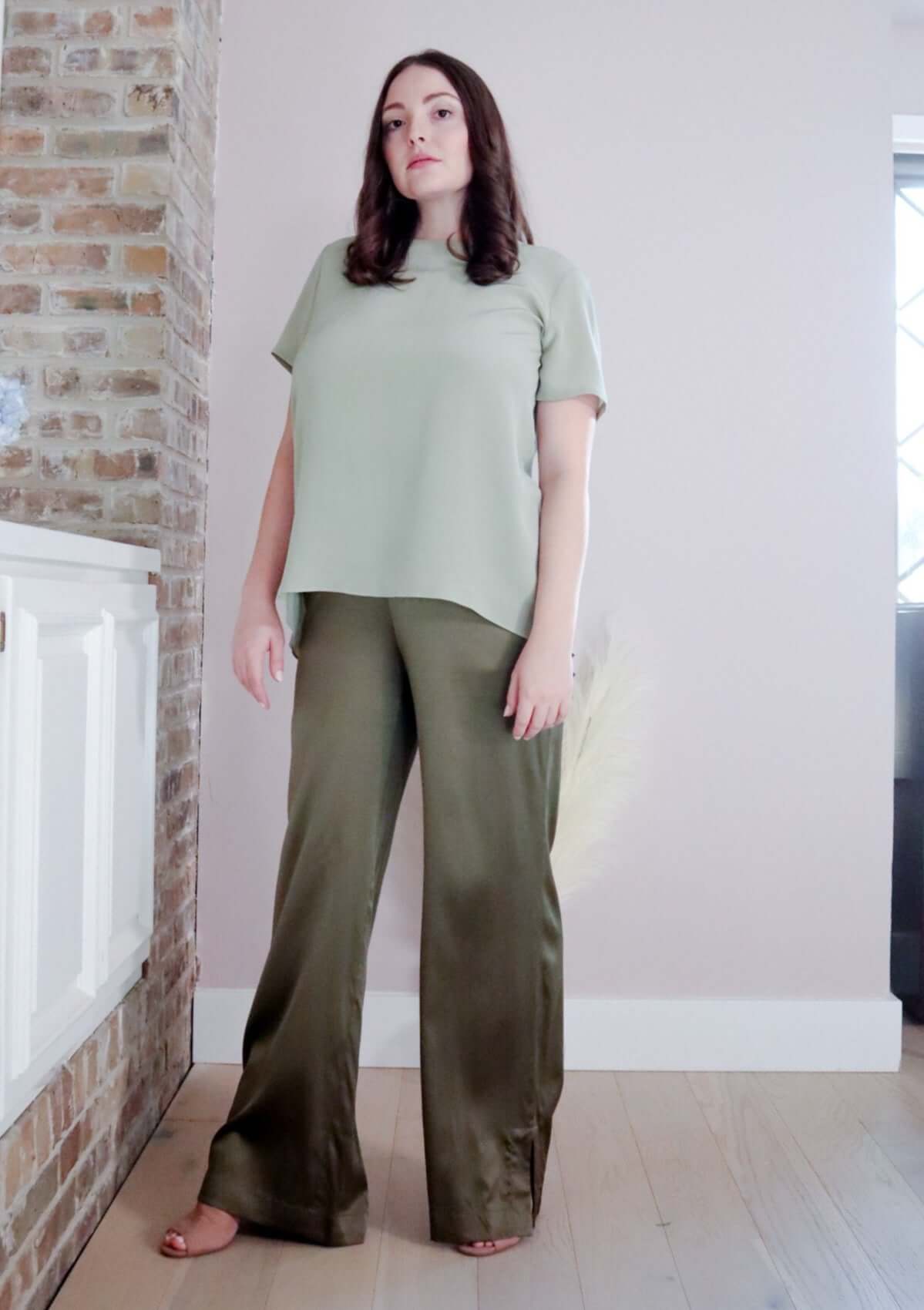 Washable silk charmeuse pants olive green with pockets