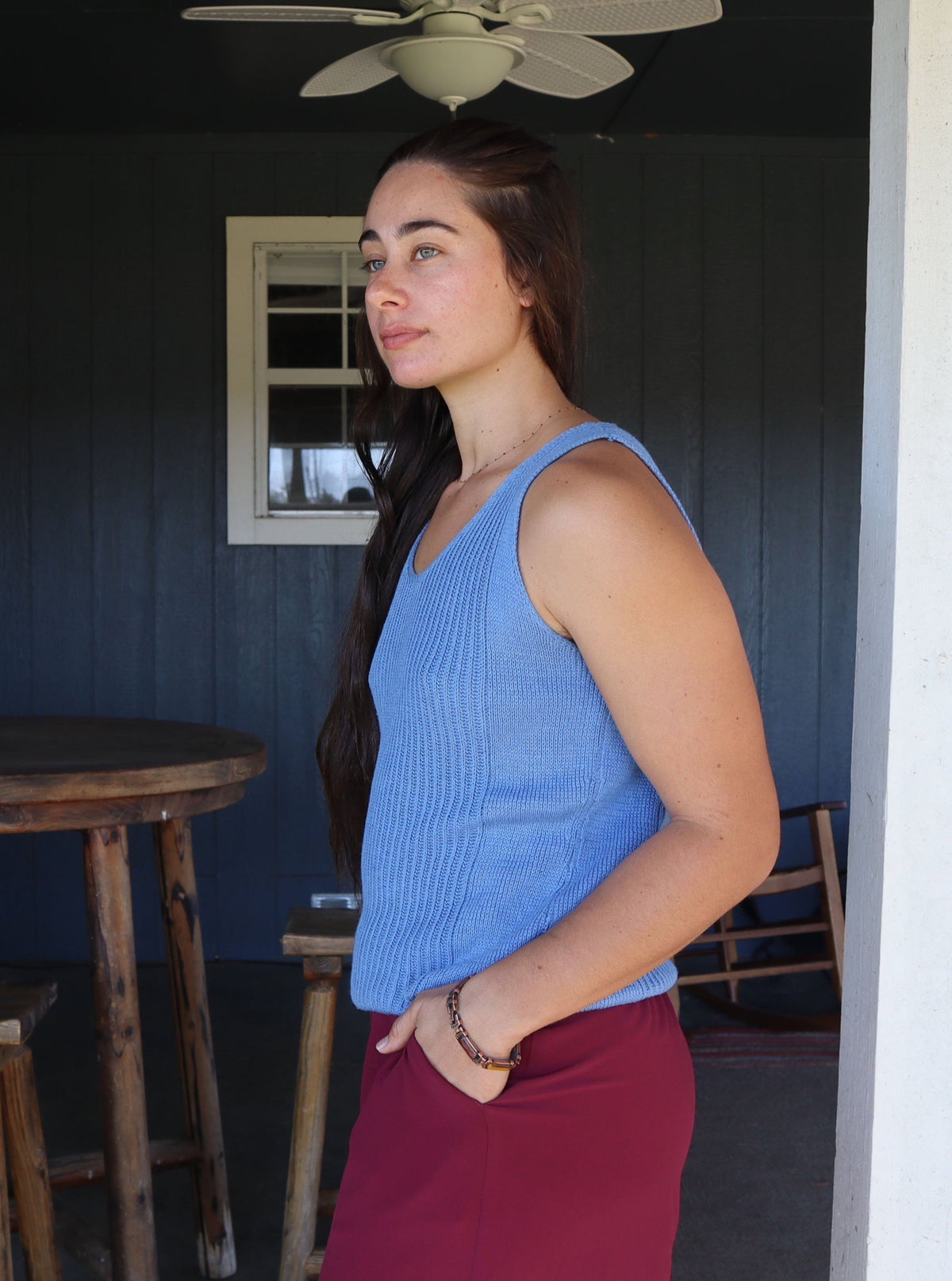Woman's knit sweater tank made of organic cotton cashmere blend in blue