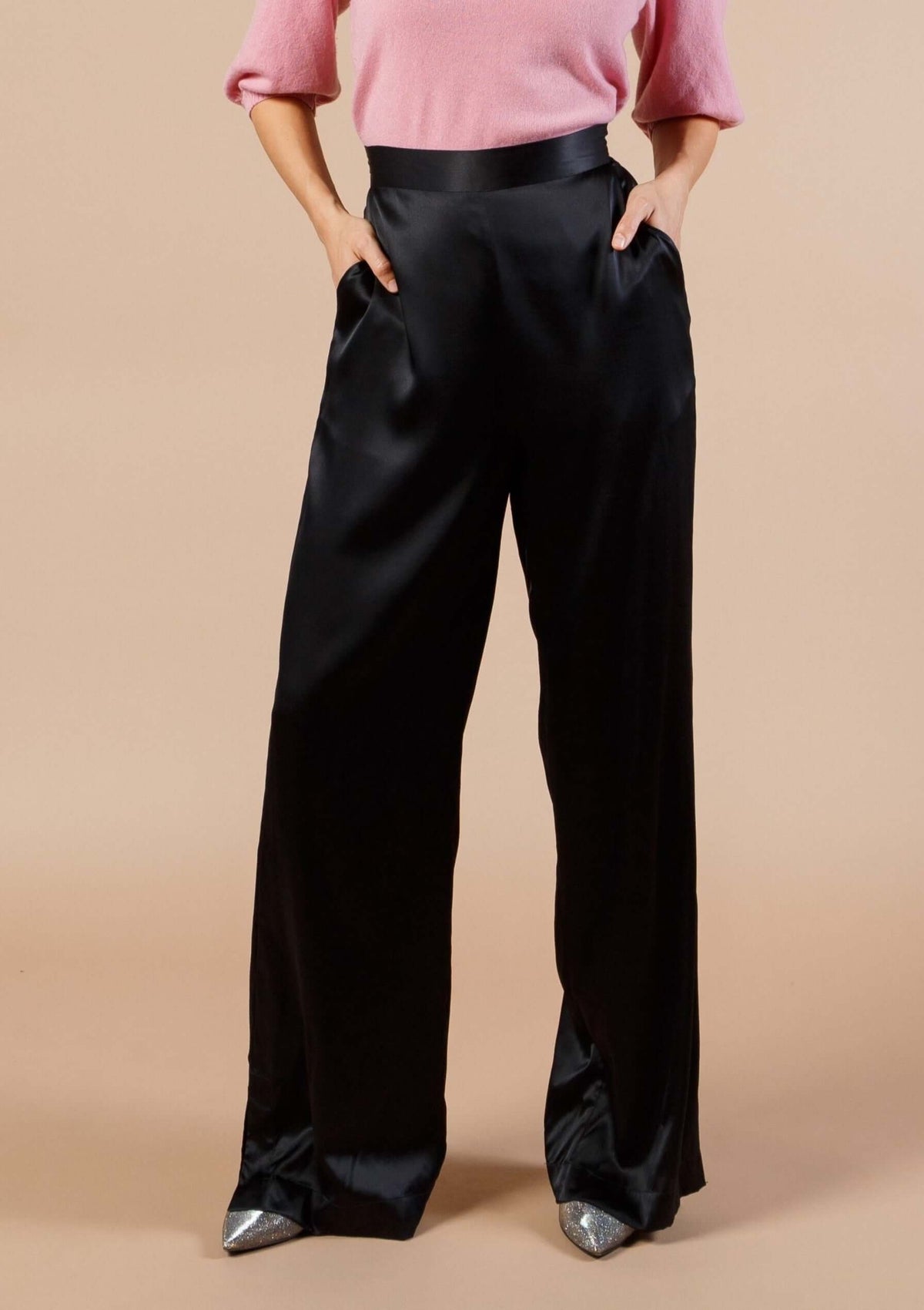 Washable Silk Charmeuse Pants Black High Waisted Slit at Hem