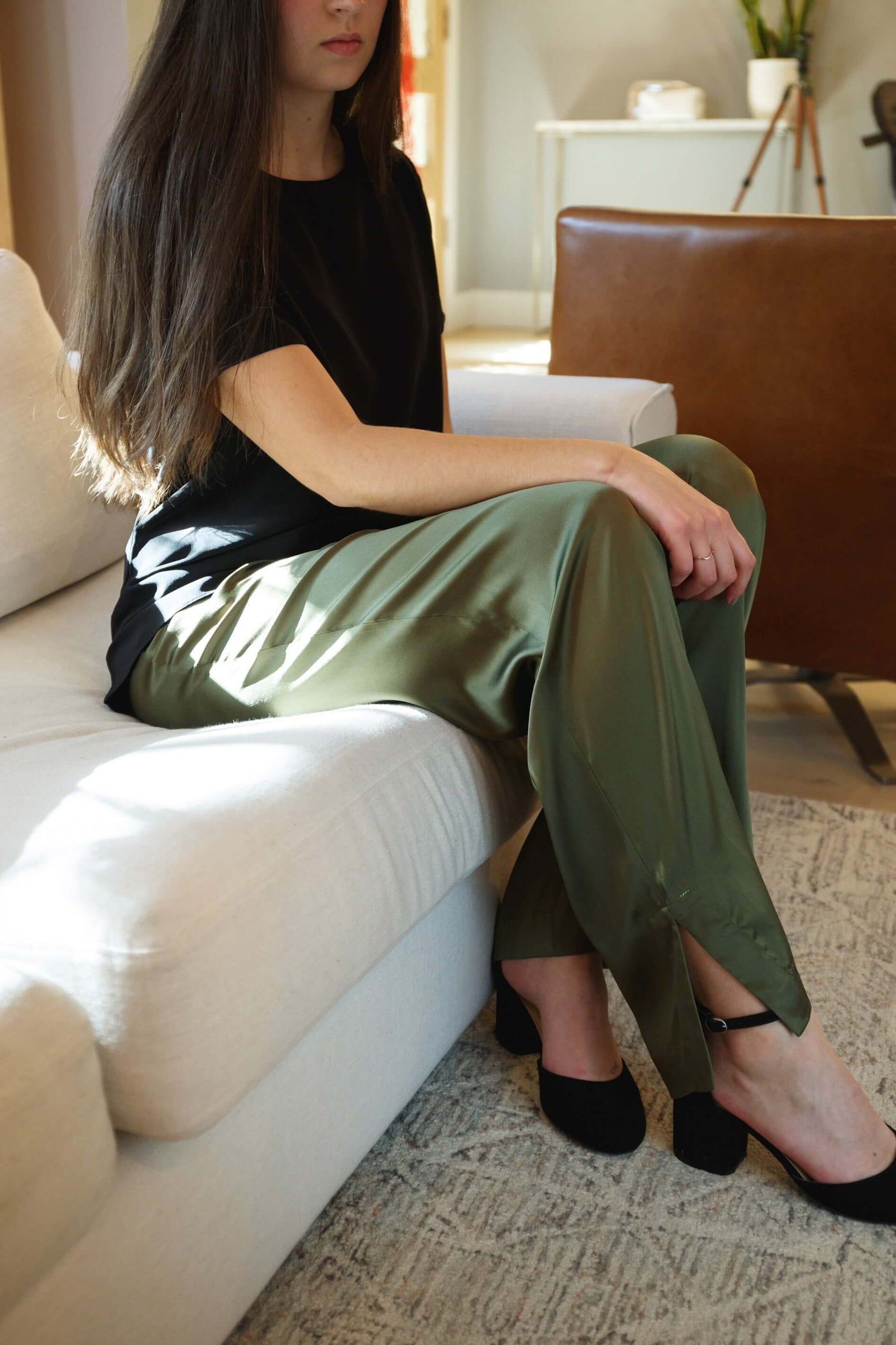 Washable silk charmeuse pants olive green with pockets and ankle slit