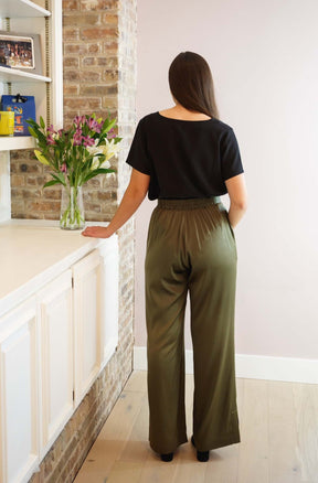Washable silk charmeuse pants olive green with pockets