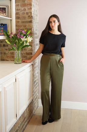 Washable silk charmeuse pants olive green with pockets