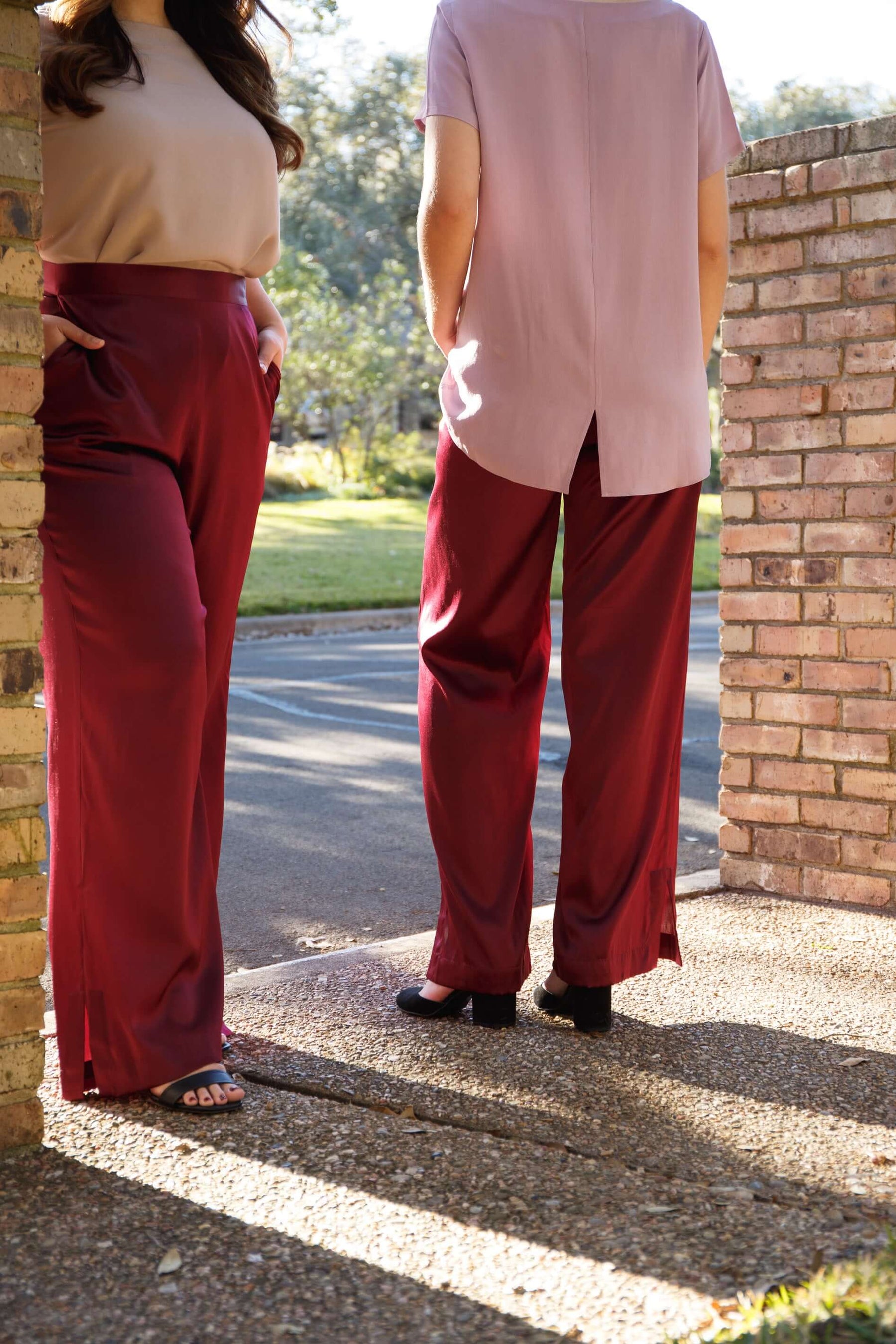 Washable silk charmeuse pants wine red with pockets